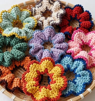 A collection of multicolored scrunchies arranged in a playful spiral on a white background.
