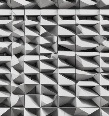 Black and white photo of a modern building facade showcasing sharp geometric lines.