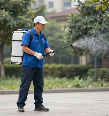 Detailed shot of eco-friendly insecticide being applied around a restaurant area.