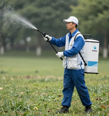 Professional team applying pest control treatment in a bright office space.