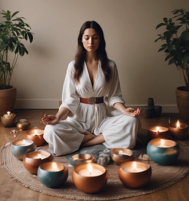 A serene client reclining comfortably with eyes closed, surrounded by gentle sound vibrations.