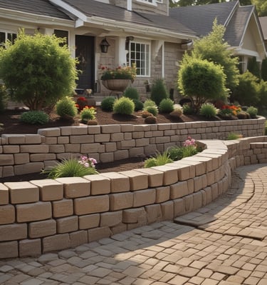 Close-up of a freshly installed retaining wall with neatly stacked stones and clean edges.