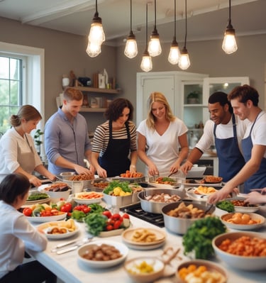 A diverse group of friends smiling while preparing a healthy gourmet meal together in a modern kitchen.