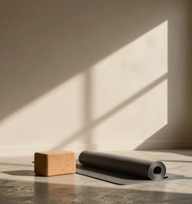 Warm diffused light in a minimalist yoga studio, soft shadows on a beige wall, a single cork block and rolled mat on a polished concrete floor.