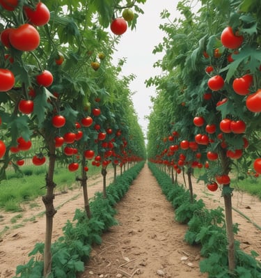 Farmers smiling together in a lush green field holding baskets of produce.