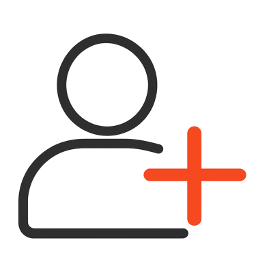 Outline icon of a person with an orange plus sign, representing account creation.