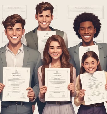 A group photo of diverse people proudly displaying their beauty and handsome certificates