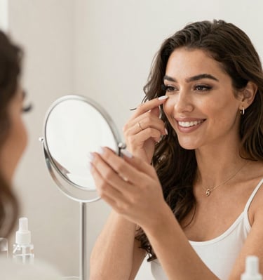 Smiling client admiring her new nails and lashes in a handheld mirror.