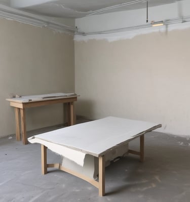 Tools and materials laid out for drywall coating including joint compound and trowels.