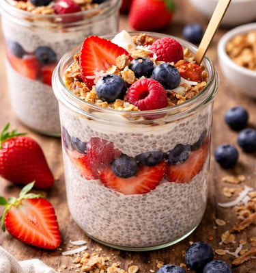 Healthy chia seed pudding in glass jars topped with fresh strawberries, blueberries, raspberries, and granola.