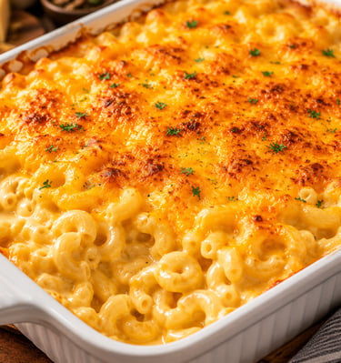 A white baking dish filled with creamy baked macaroni and cheese featuring a golden brown toasted crust.