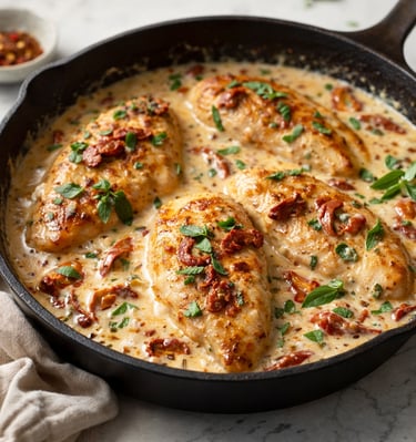 Creamy Tuscan chicken with sun-dried tomatoes and herbs in a cast iron skillet.
