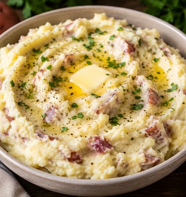 Creamy garlic mashed red potatoes served in a bowl with melted butter and fresh parsley herbs.