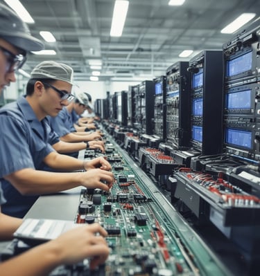 A wide shot of the akaay electromech production floor bustling with activity.