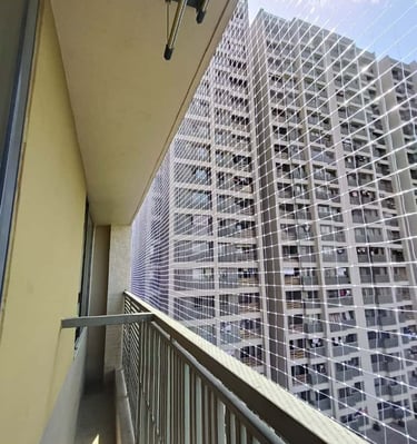 Technician from Arjilli Enterprises installing pigeon nets on a residential balcony.