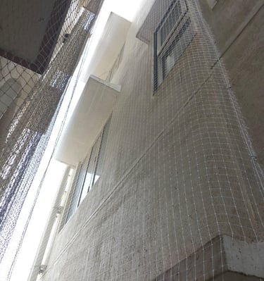 Technician from Arjilli Enterprises installing a pigeon net on a high-rise duct area.