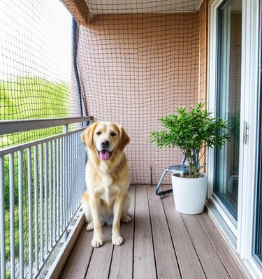 Evening view of a balcony wrapped in a safety net, blending with the cityscape.