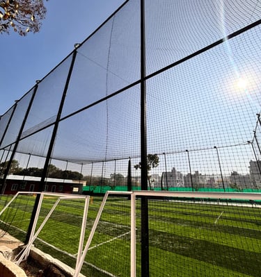 Close-up of a freshly installed cricket net at a local Chennai sports ground.