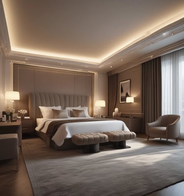 Elegant bedroom with fresh linens and warm accents.