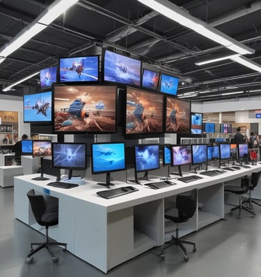 Warehouse shelves stocked with various technological equipment and fuel containers for logistics