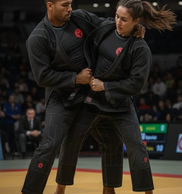 a woman in a black suit and a man in black and white