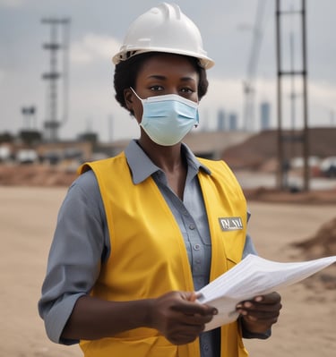 Smiling African female engineer holding a tablet, dressed in protective construction attire.