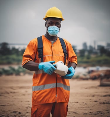 Close-up of a black woman adjusting her reflective safety vest with a busy construction background.