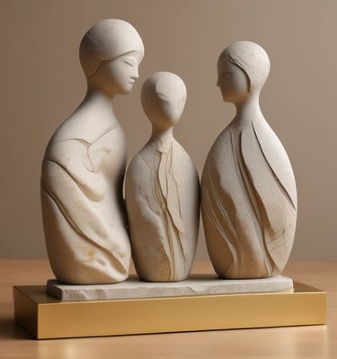 Three abstract stone figurines representing family or motherhood on a wooden base with gold trim.