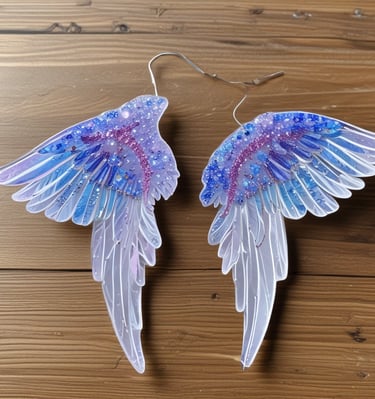 Handmade clear resin angel wings with holographic blue, pink, and purple glitter flakes on a wooden surface.