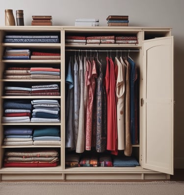 Neatly arranged fabrics and sewing tools on a wooden table.