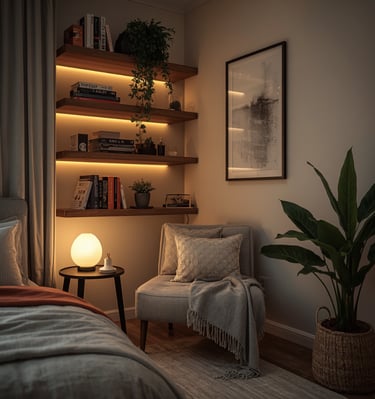 Cozy bedroom corner with hanging plants, floating shelves, warm LED lights, and comfortable armchair