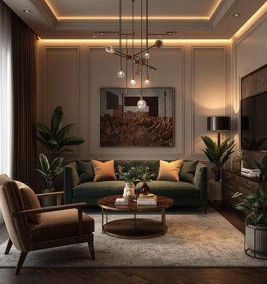 Elegant living room with mid-century modern furniture, statement chandelier, and accent plants.