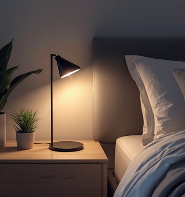 Minimalist bedside table setup with black metal lamp and green indoor plant, perfect cozy corner.