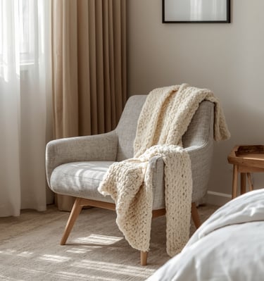 Natural light-filled reading chair with chunky knit throw, ideal for a relaxing bedroom corner.