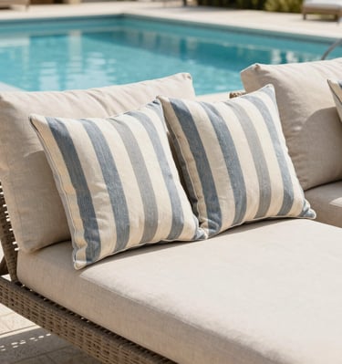Colorful custom outdoor pillows stacked on a rattan sofa, set against lush garden greenery.