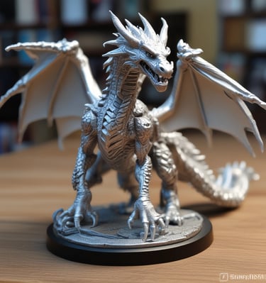 Close-up of a detailed 3D printed miniature figurine on a wooden table