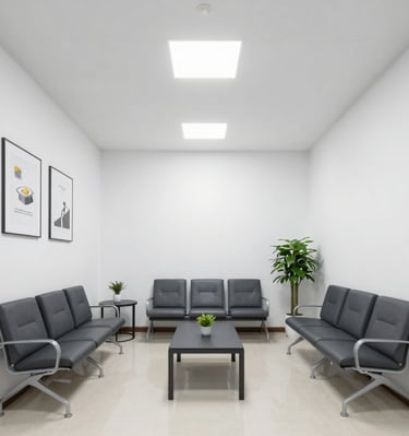 A pristine clinic reception area with polished surfaces and soft lighting.