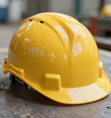Close-up of a yellow MSA V-Gard safety helmet on an industrial site