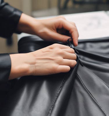 Close-up of skilled hands stitching a sleek leather jacket.