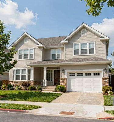 A bustling neighborhood street lined with charming homes and local shops on a sunny day.