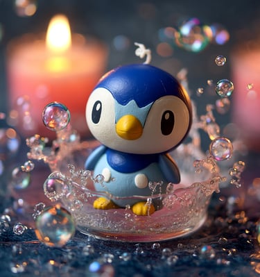 Vela artesanal inspirada en videojuegos de personaje tipo Piplup, diseño decorativo con burbujas.