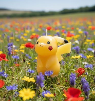 Vela artesanal de Pikachu inspirada en anime, fotografía en exterior entre flores de colores.