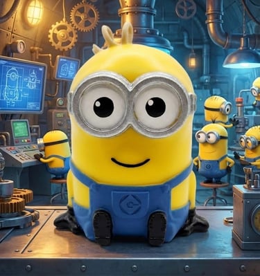 Vela artesanal inspirada en personajes animados tipo Minion, diseño geek