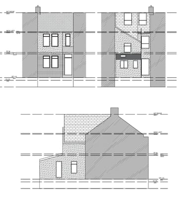 Architectural elevation drawing showing proposed house extensions and loft conversion plans.