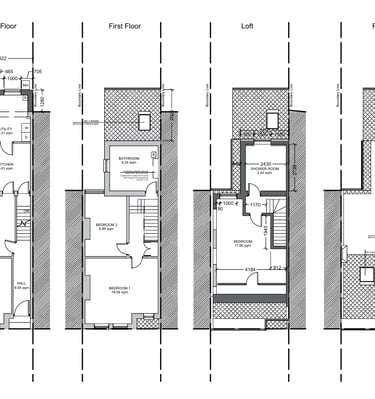 Detailed architectural floor plan showing ground floor, first floor, loft, and roof layout of a residential home.