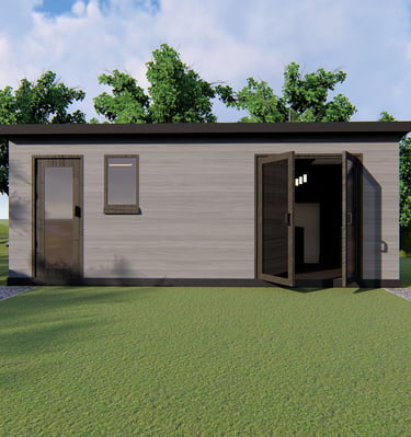 Modern grey garden office pod with a flat roof and double glass doors in a landscaped backyard.