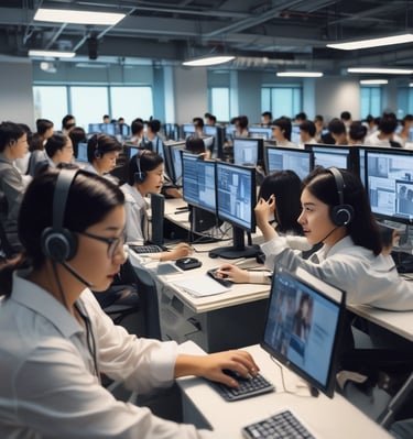 a group of people sitting at computers in a room