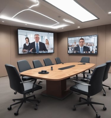 a conference room with a large screen showing a video conference room