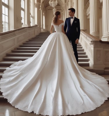 An elegant dress draped over a simple chair in a modern, white-walled room.