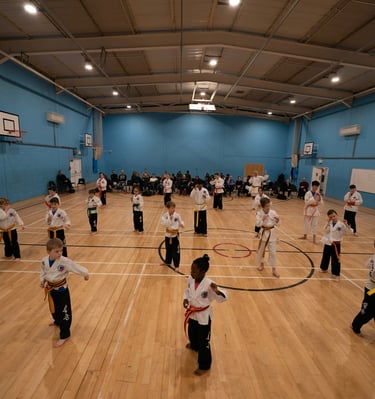 Children practicing martial arts techniques in a karate class held at an indoor sports gym.